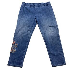Soft Surroundings Floral Embroidered Pull-On Denim Jeans Blue Sz PXL